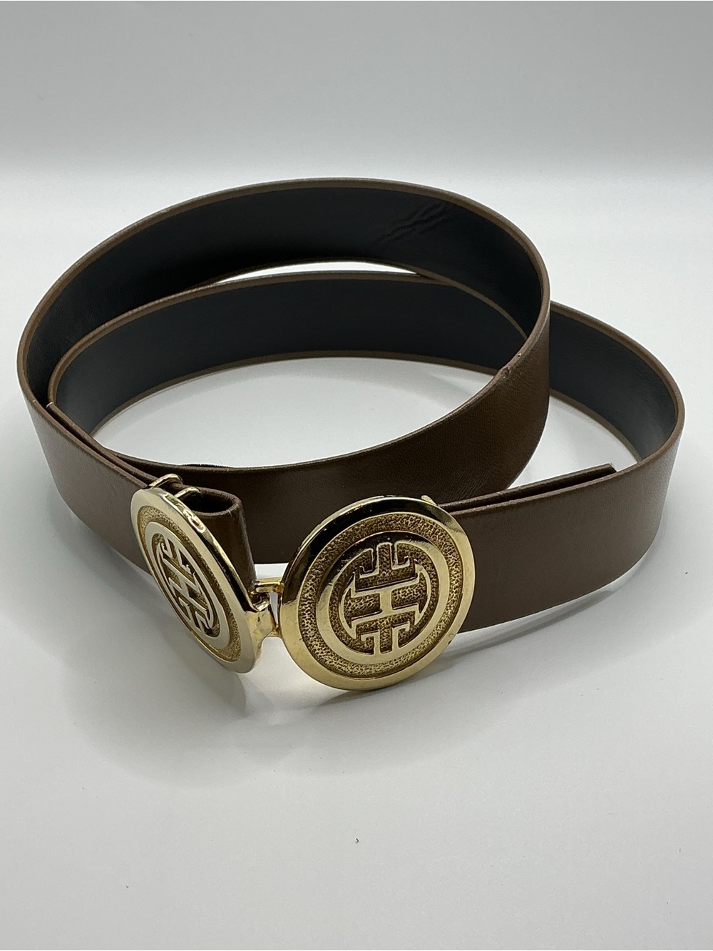 Vintage70's 80's Gay Boyer Interlocking Belt Gold Tone Asian Shou Symbol Round M